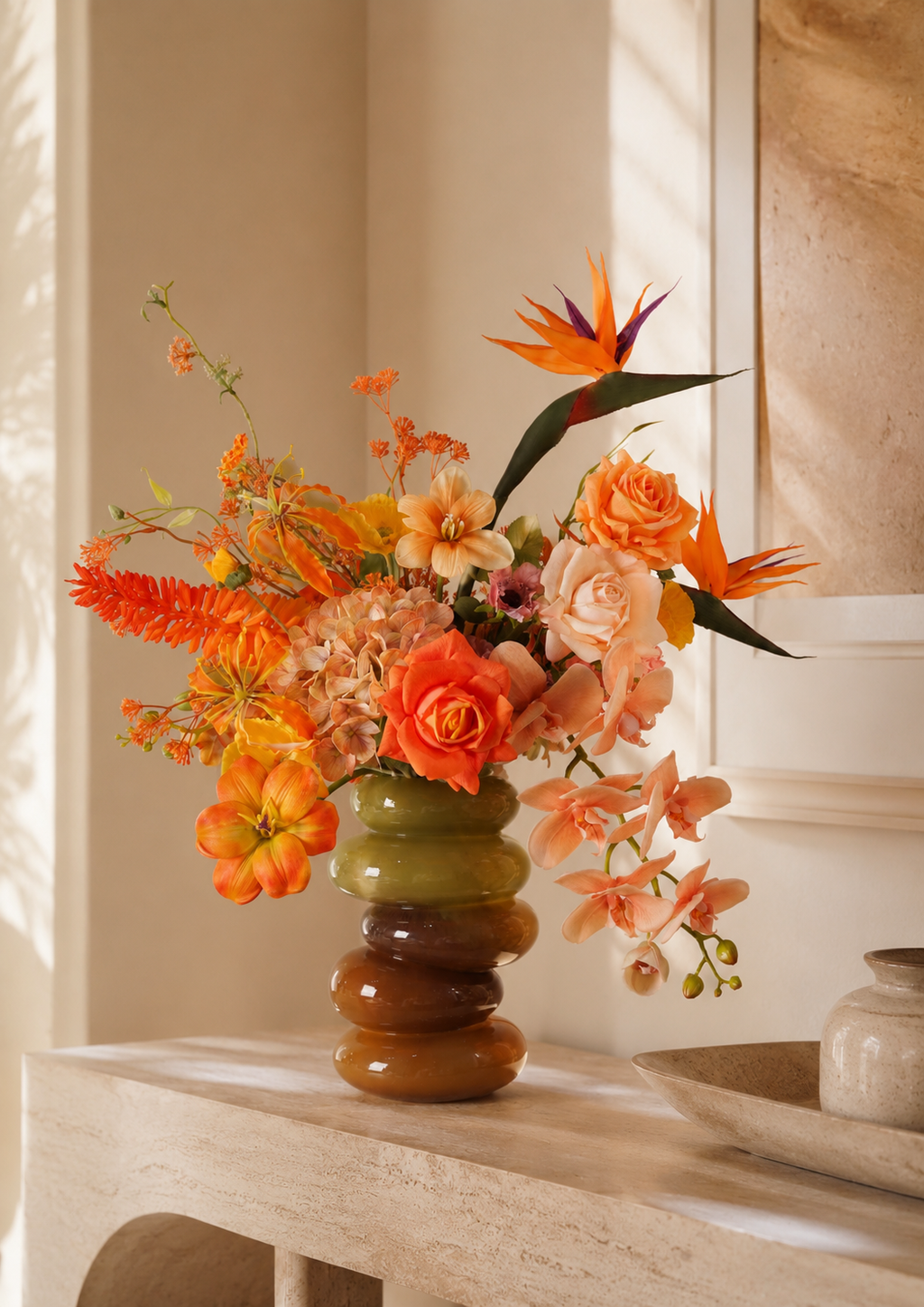 Orange Bird of Paradise Faux Floral Arrangement in Amber Glass Vase