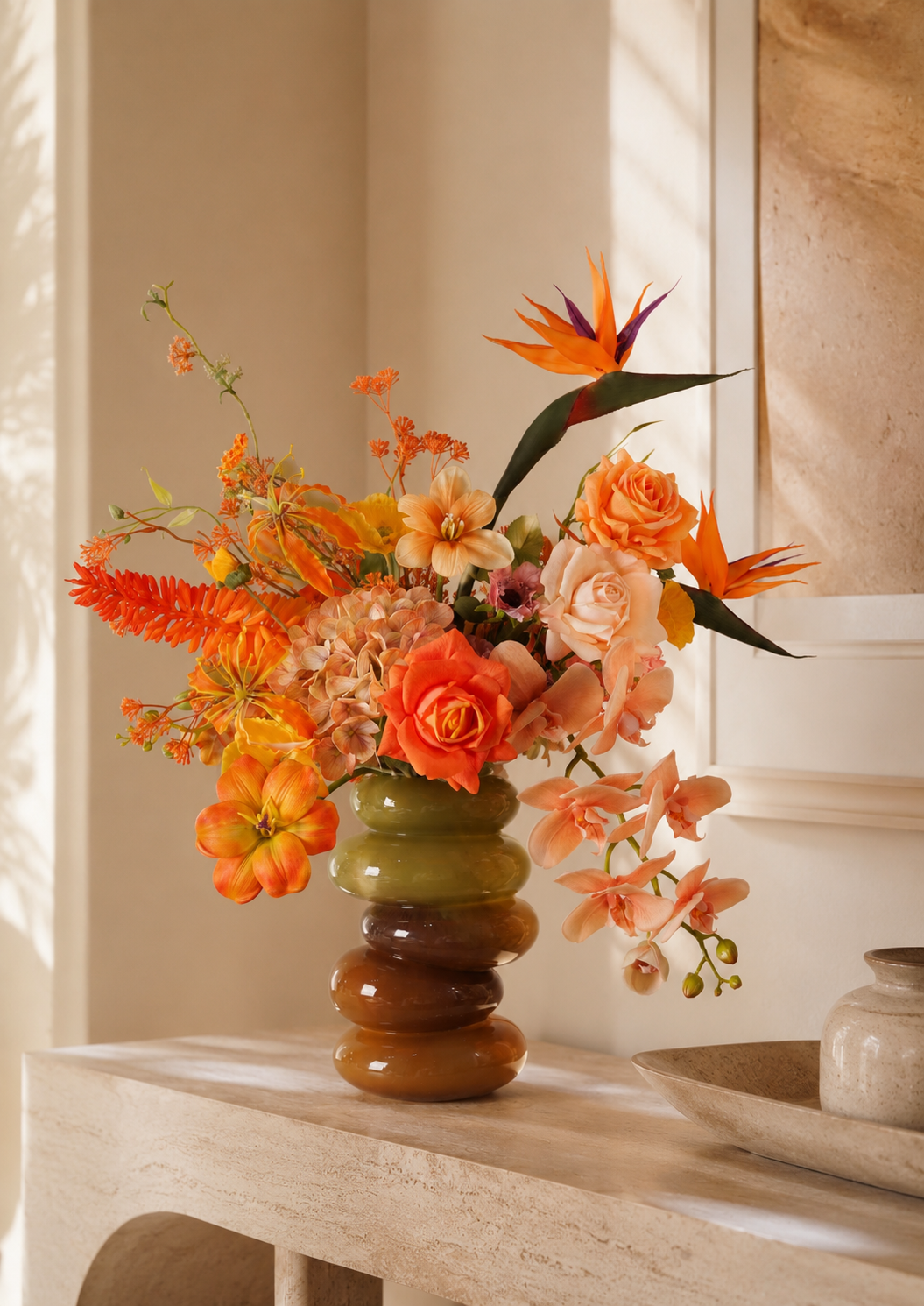 Orange Bird of Paradise Faux Floral Arrangement in Amber Glass Vase