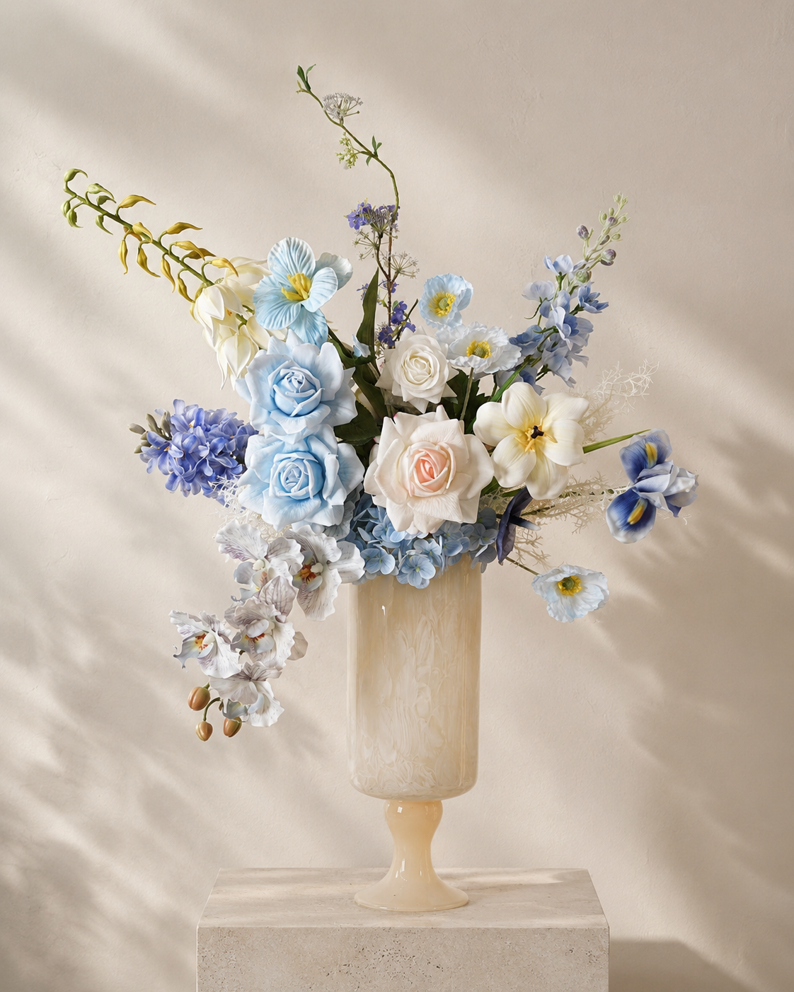 Blue & White Faux Floral Arrangement in Ivory Pedestal Glass Vase
