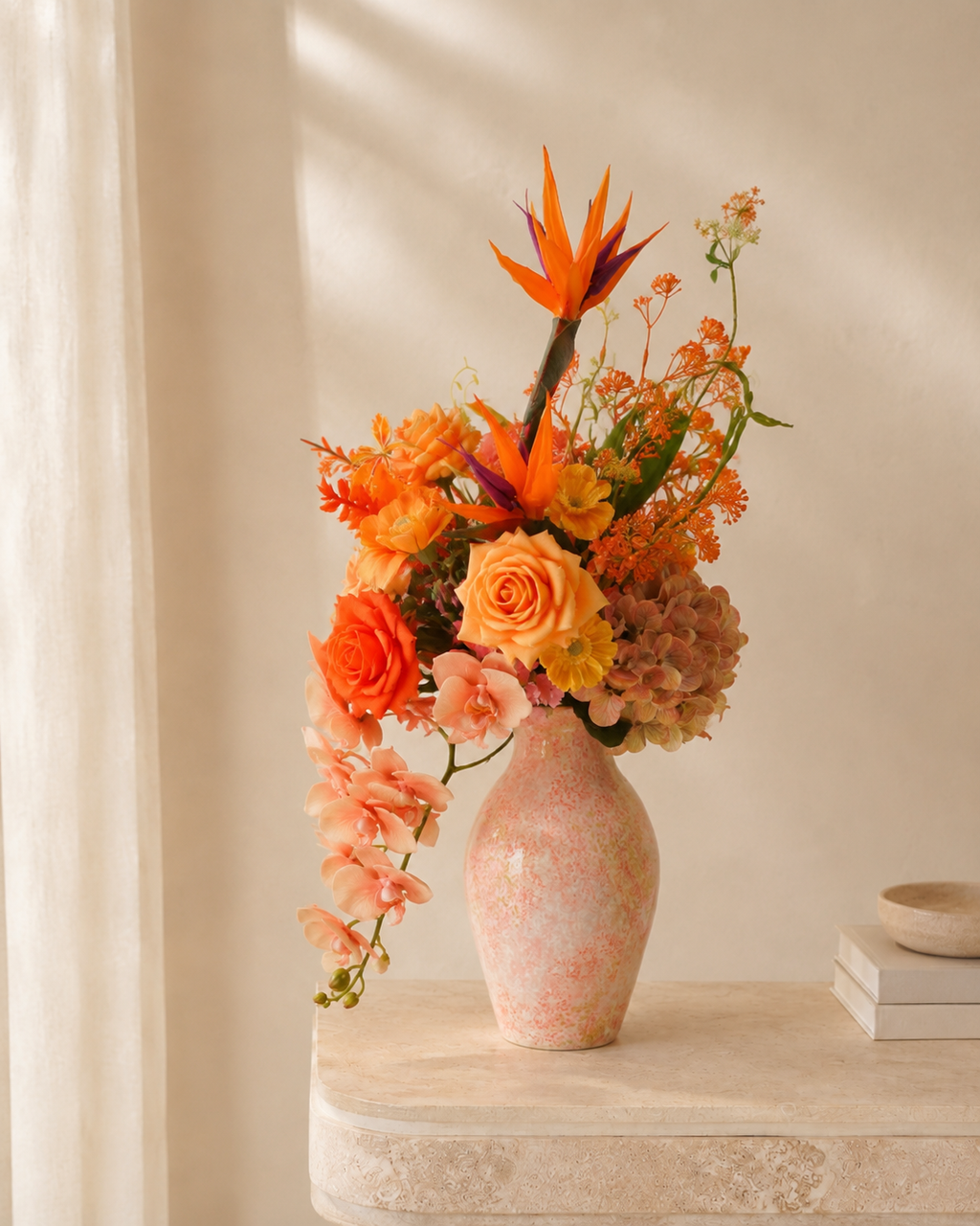 Orange Bird of Paradise Faux Floral Arrangement in Pink Glass Vase