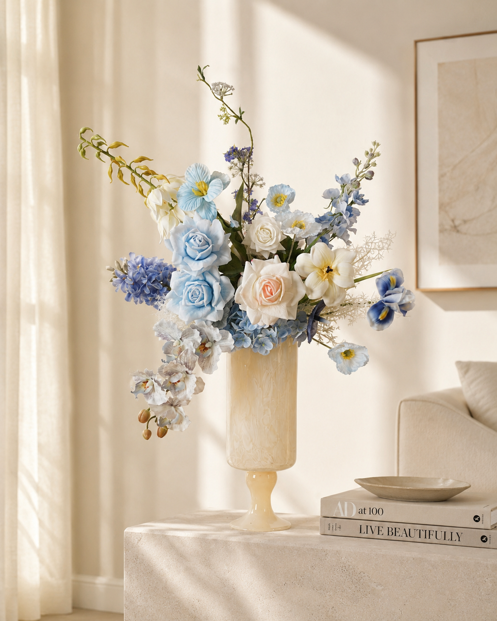 Blue & White Faux Floral Arrangement in Ivory Pedestal Glass Vase