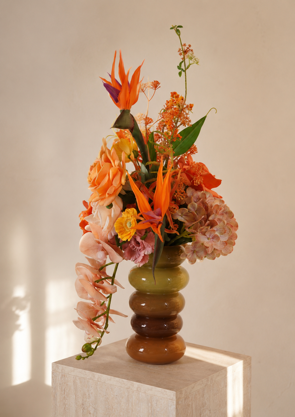 Orange Bird of Paradise Faux Floral Arrangement in Amber Glass Vase