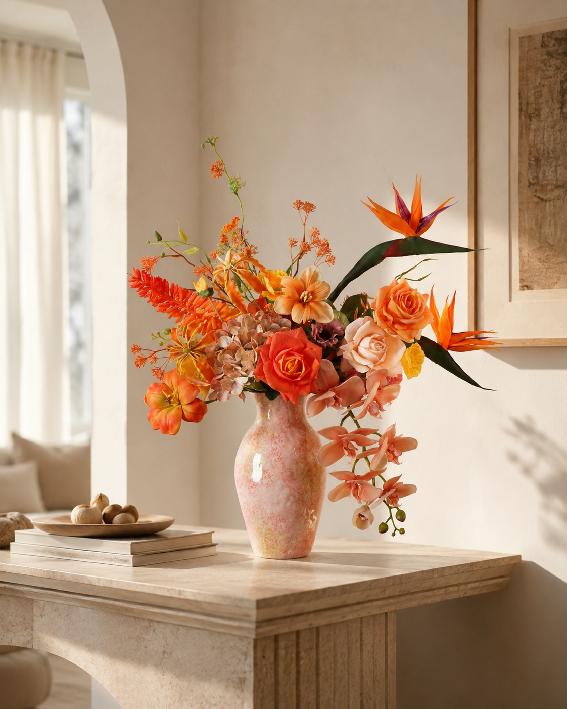 Orange Bird of Paradise Faux Floral Arrangement in Pink Glass Vase