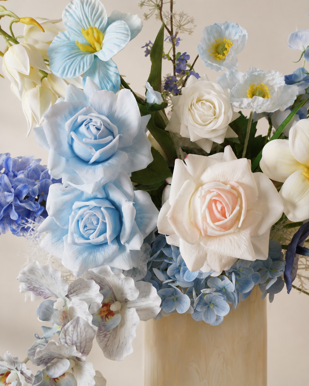Blue & White Faux Floral Arrangement in Ivory Pedestal Glass Vase