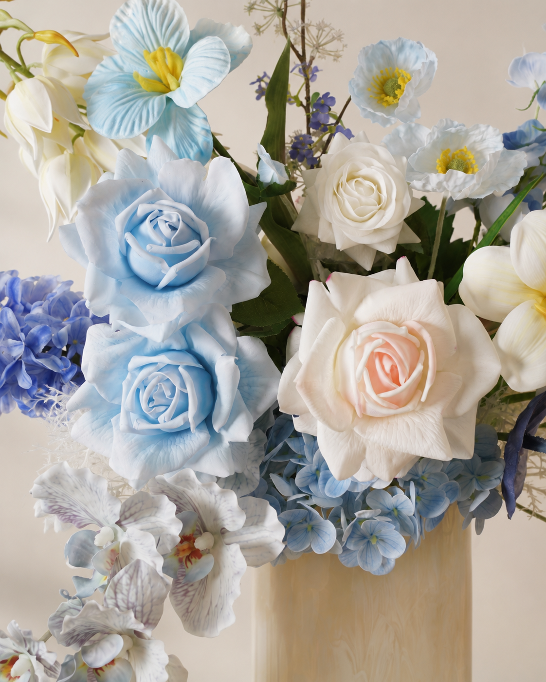 Blue & White Faux Floral Arrangement in Ivory Pedestal Glass Vase