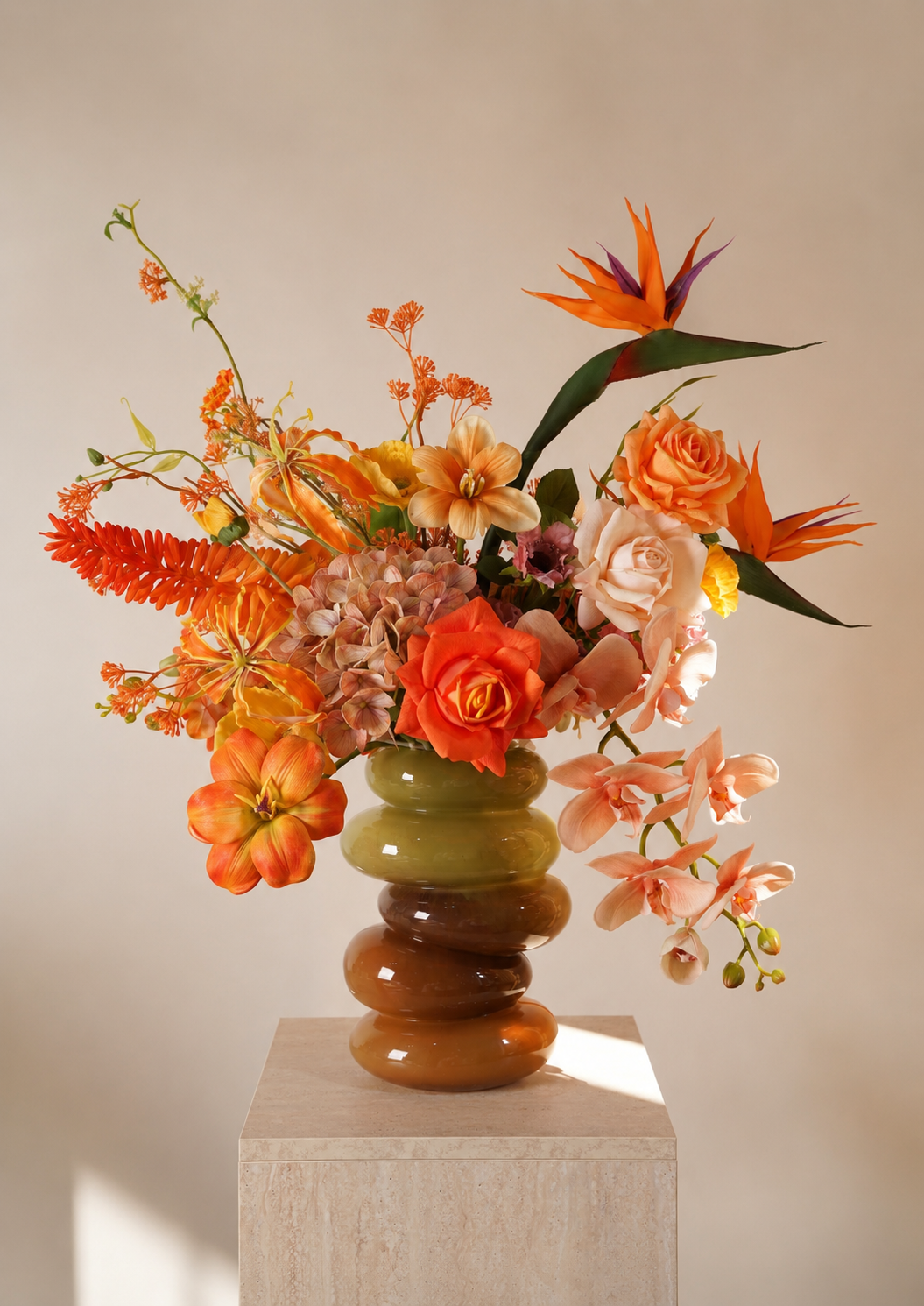 Orange Bird of Paradise Faux Floral Arrangement in Amber Glass Vase