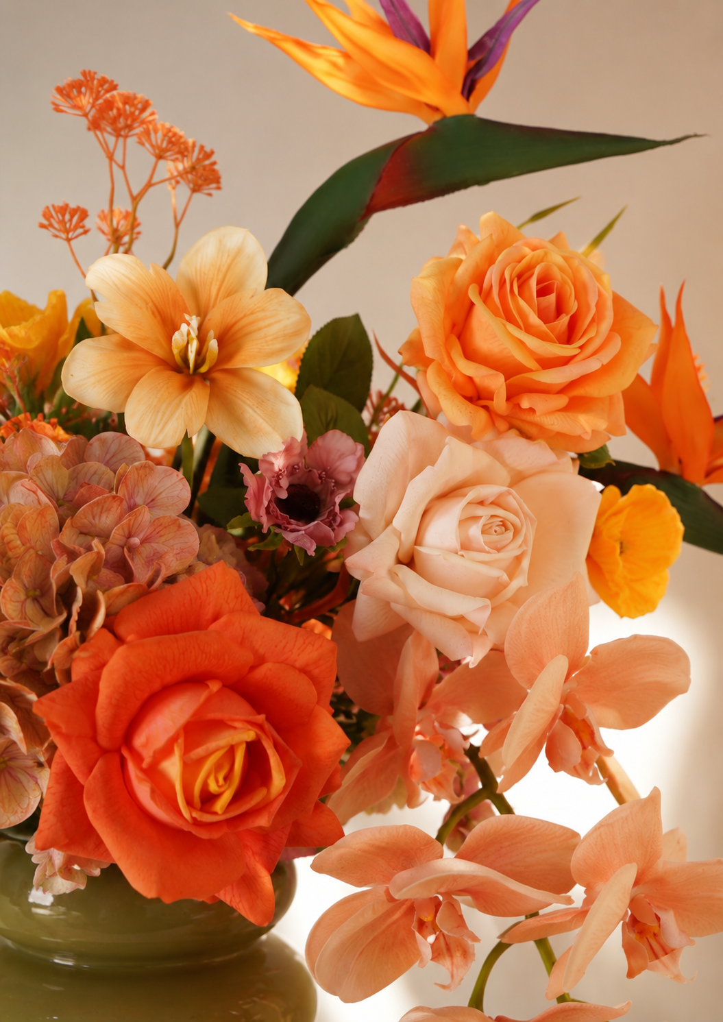 Orange Bird of Paradise Faux Floral Arrangement in Amber Glass Vase