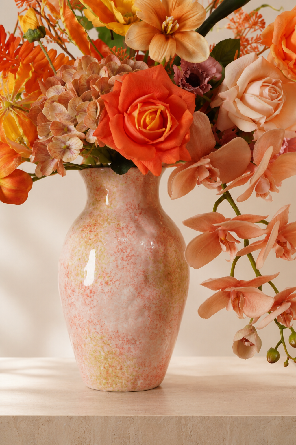 Orange Bird of Paradise Faux Floral Arrangement in Pink Glass Vase