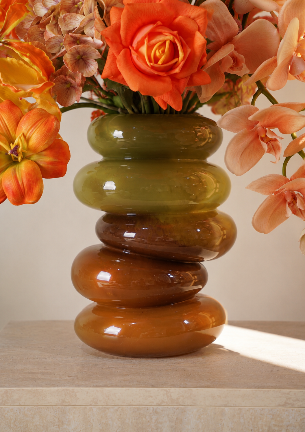 Orange Bird of Paradise Faux Floral Arrangement in Amber Glass Vase
