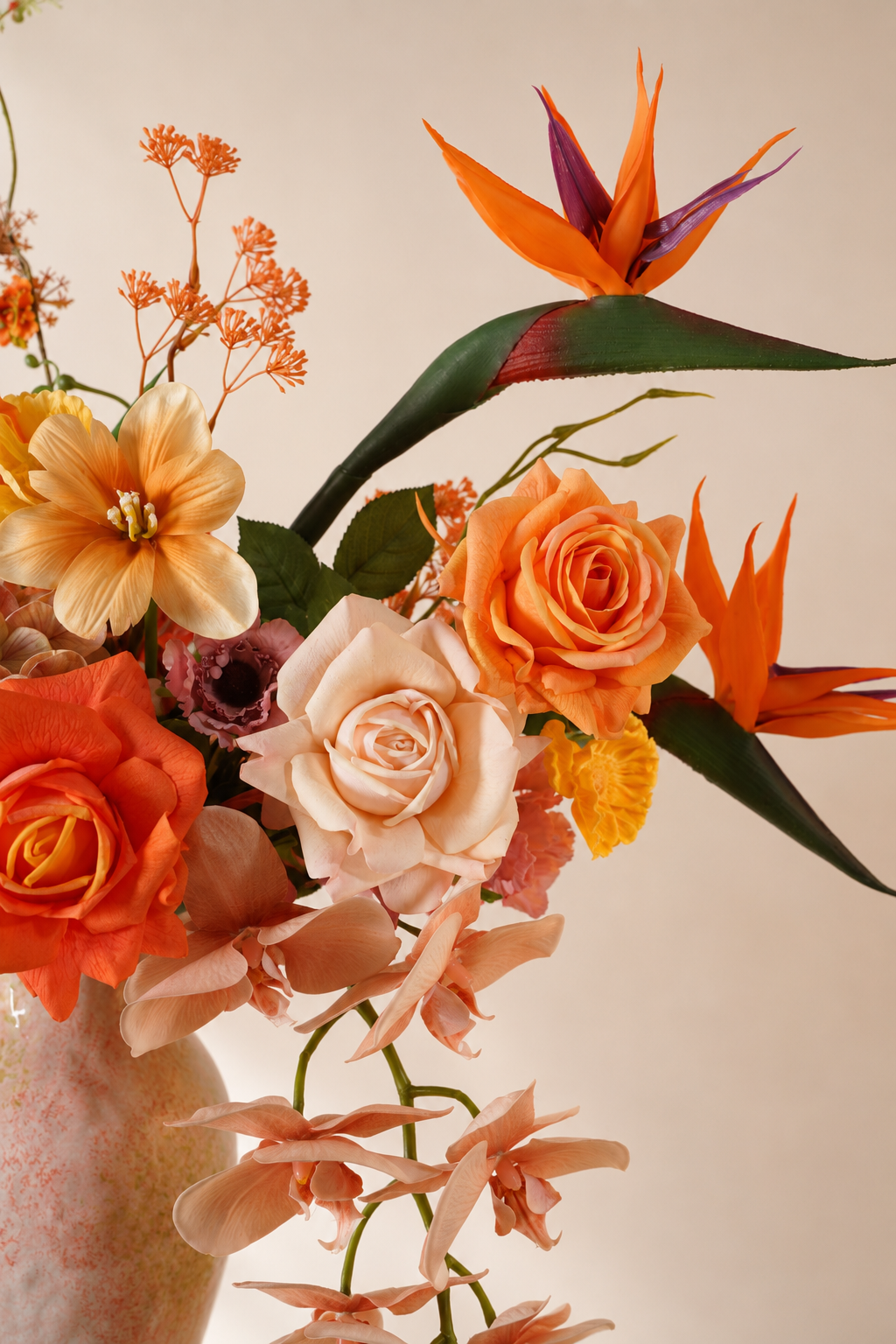 Orange Bird of Paradise Faux Floral Arrangement in Pink Glass Vase