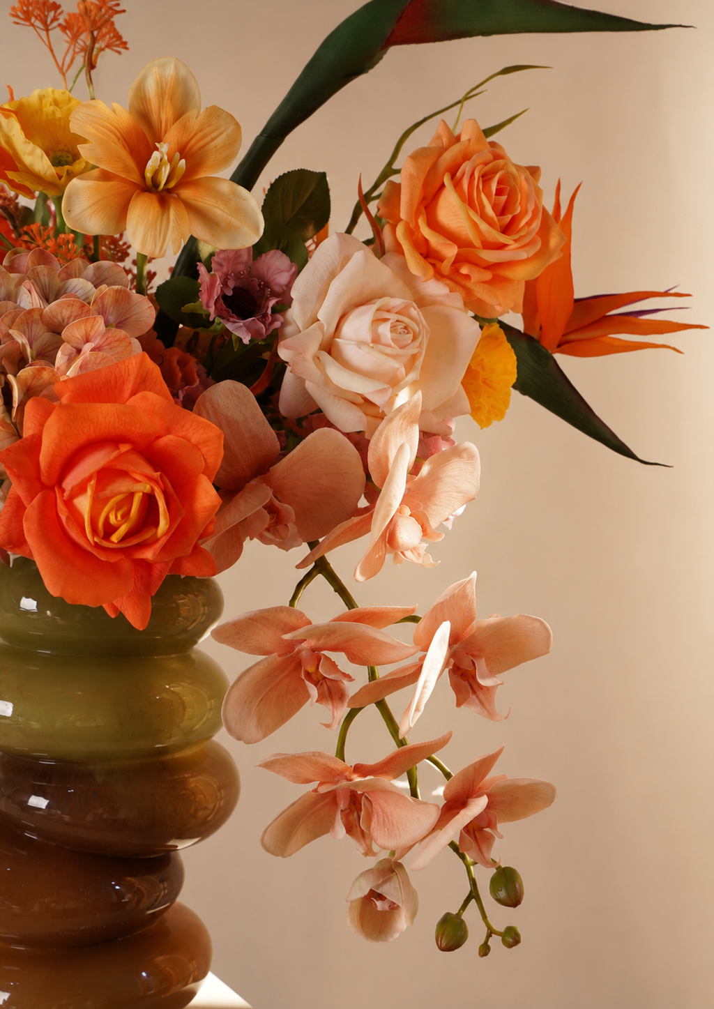 Orange Bird of Paradise Faux Floral Arrangement in Amber Glass Vase