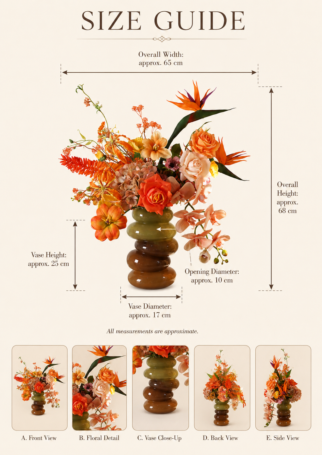 Orange Bird of Paradise Faux Floral Arrangement in Amber Glass Vase