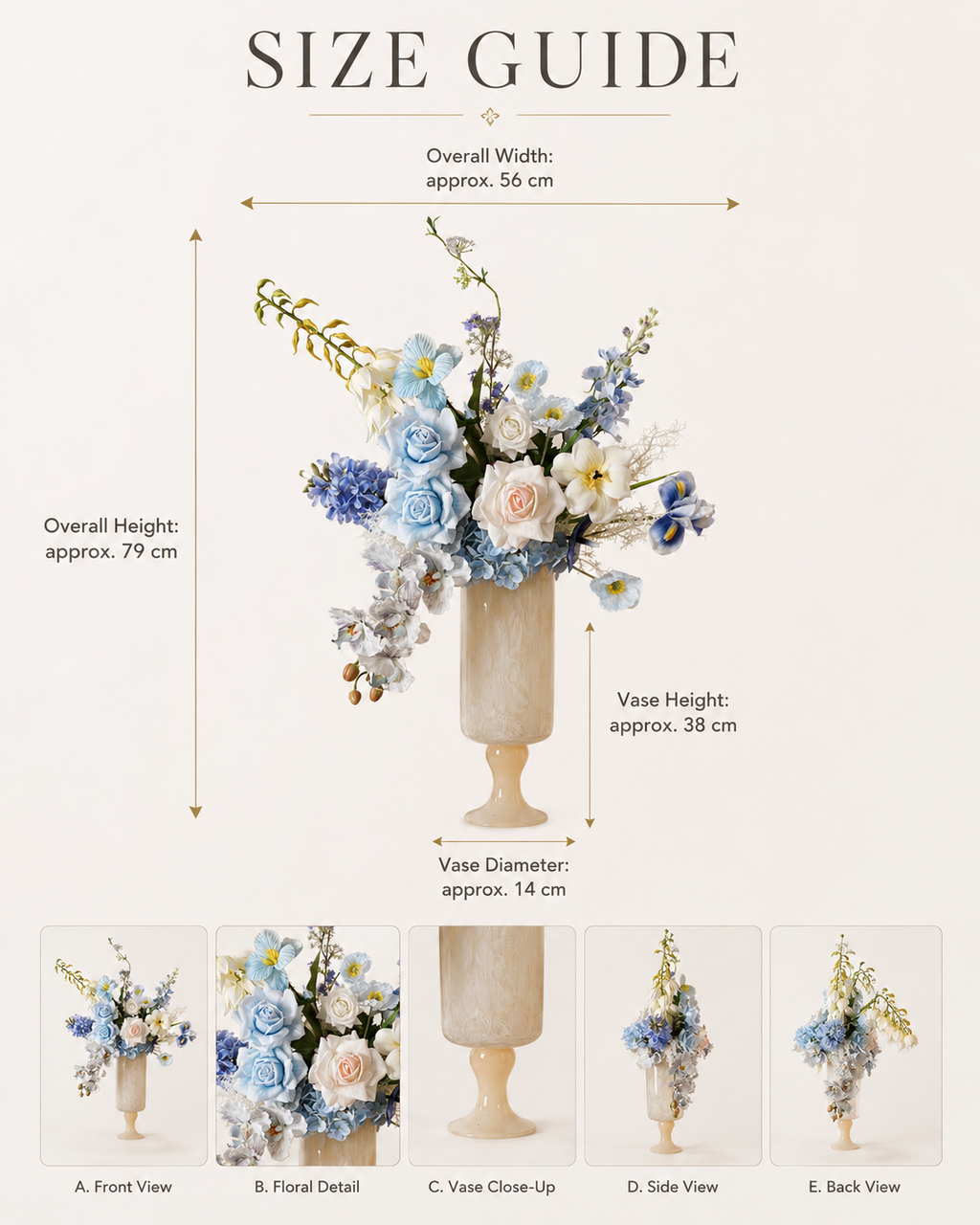 Blue & White Faux Floral Arrangement in Ivory Pedestal Glass Vase