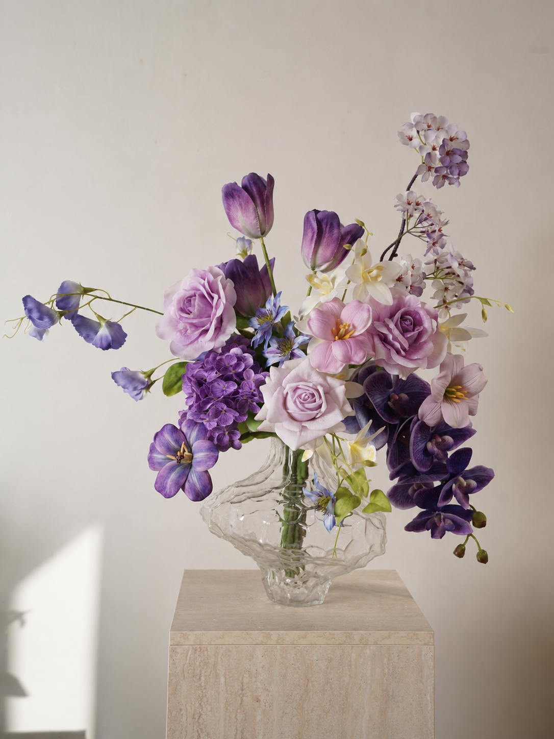 Petite Blue & White Faux Floral Arrangement in Rounded Glass Vase