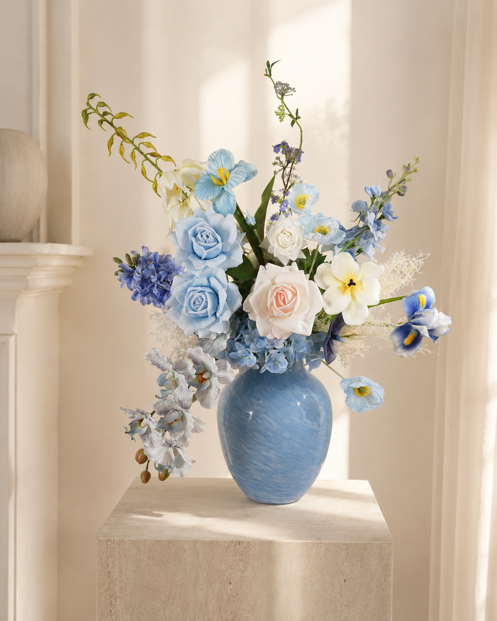 Blue & White Faux Floral Arrangement in Blue Ceramic Vase