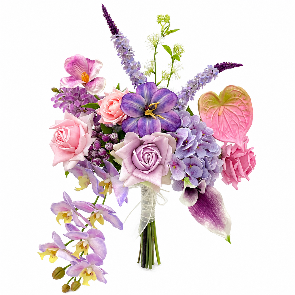 Lavender Rose & Orchid Artificial Flower Bouquet – Handmade Faux Flowers for Home Decor
