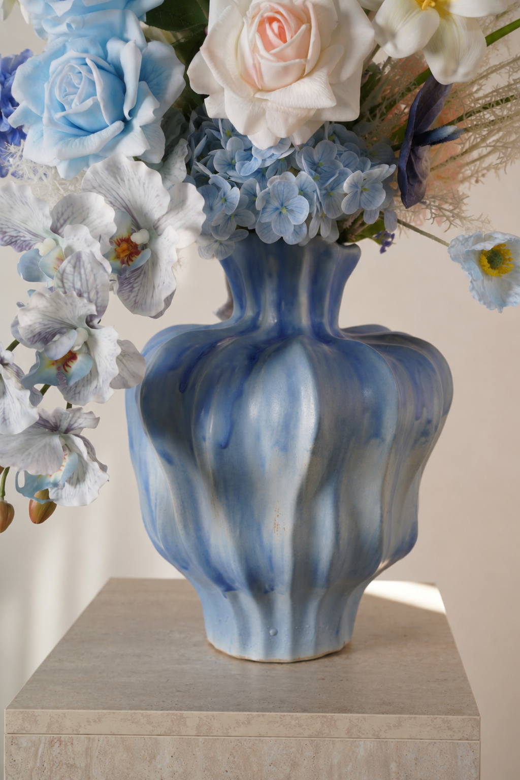 Blue Hydrangea & Rose Faux Floral Arrangement in Sculptural Blue Ceramic Vase
