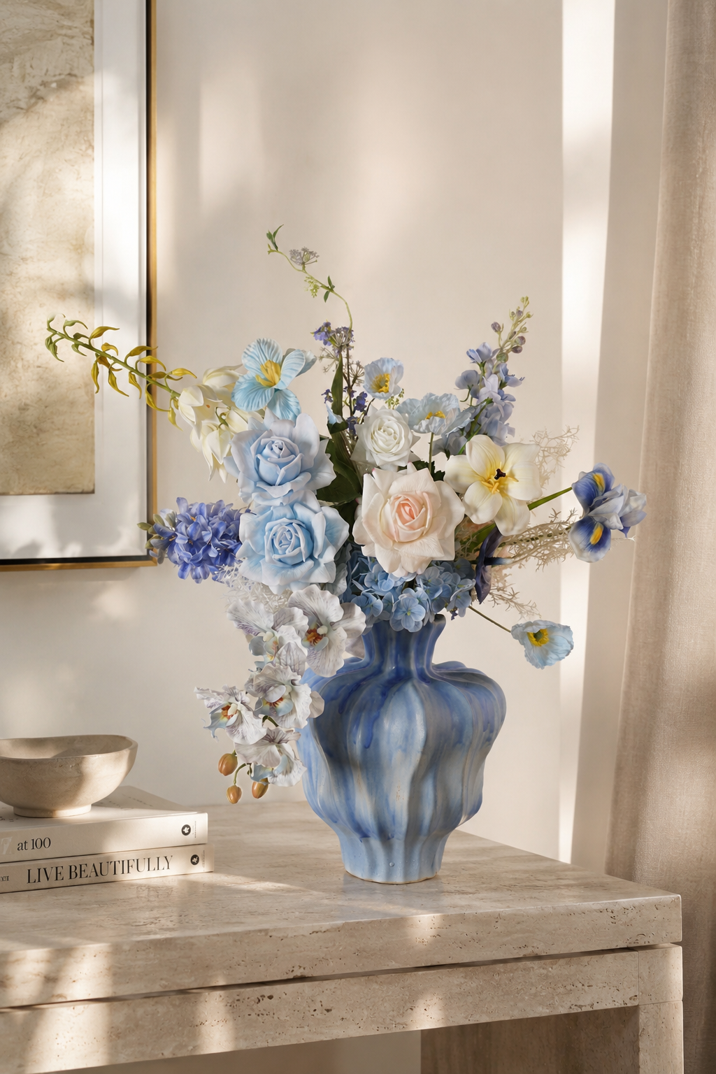 Blue Hydrangea & Rose Faux Floral Arrangement in Sculptural Blue Ceramic Vase