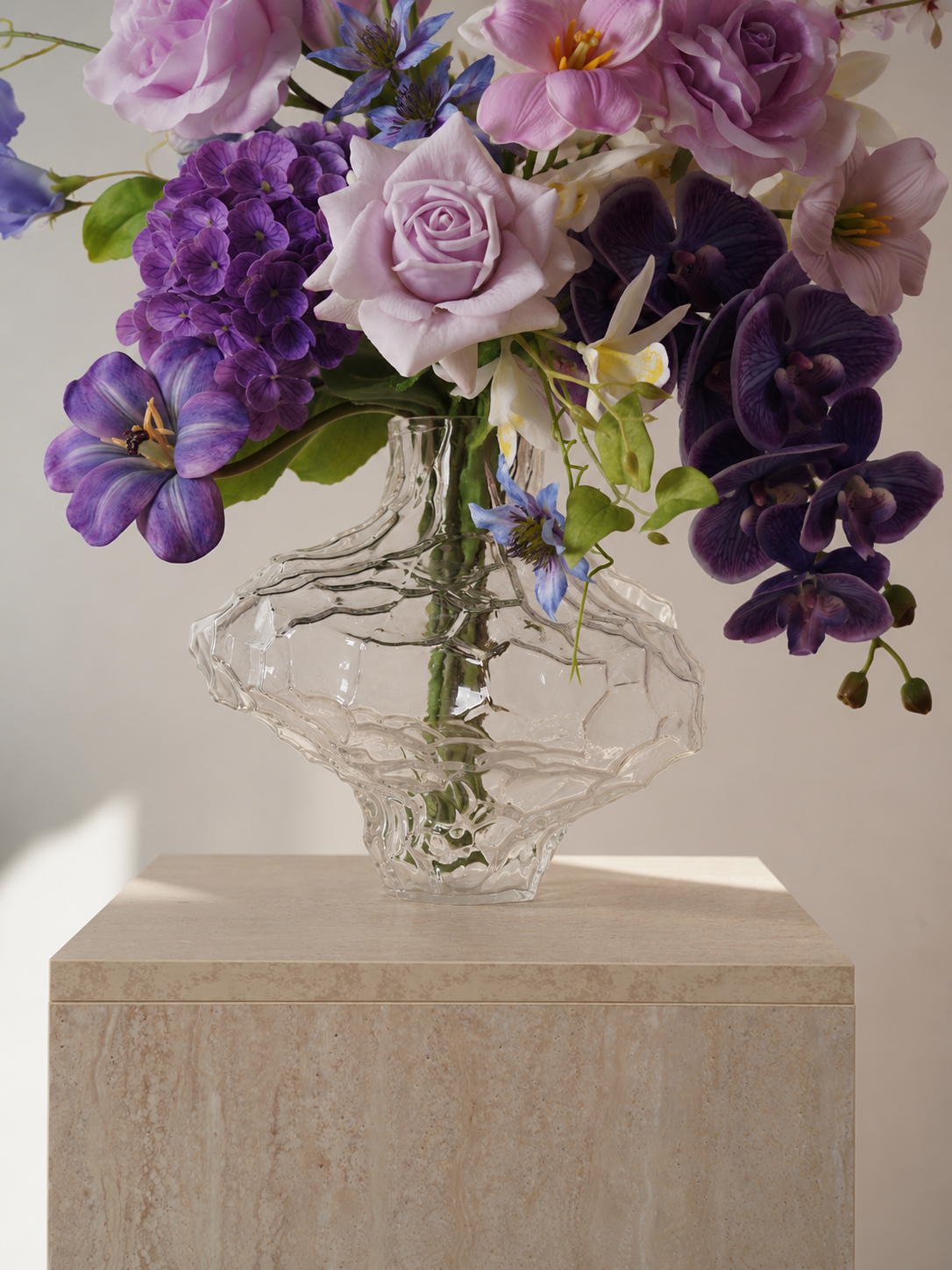 Petite Blue & White Faux Floral Arrangement in Rounded Glass Vase