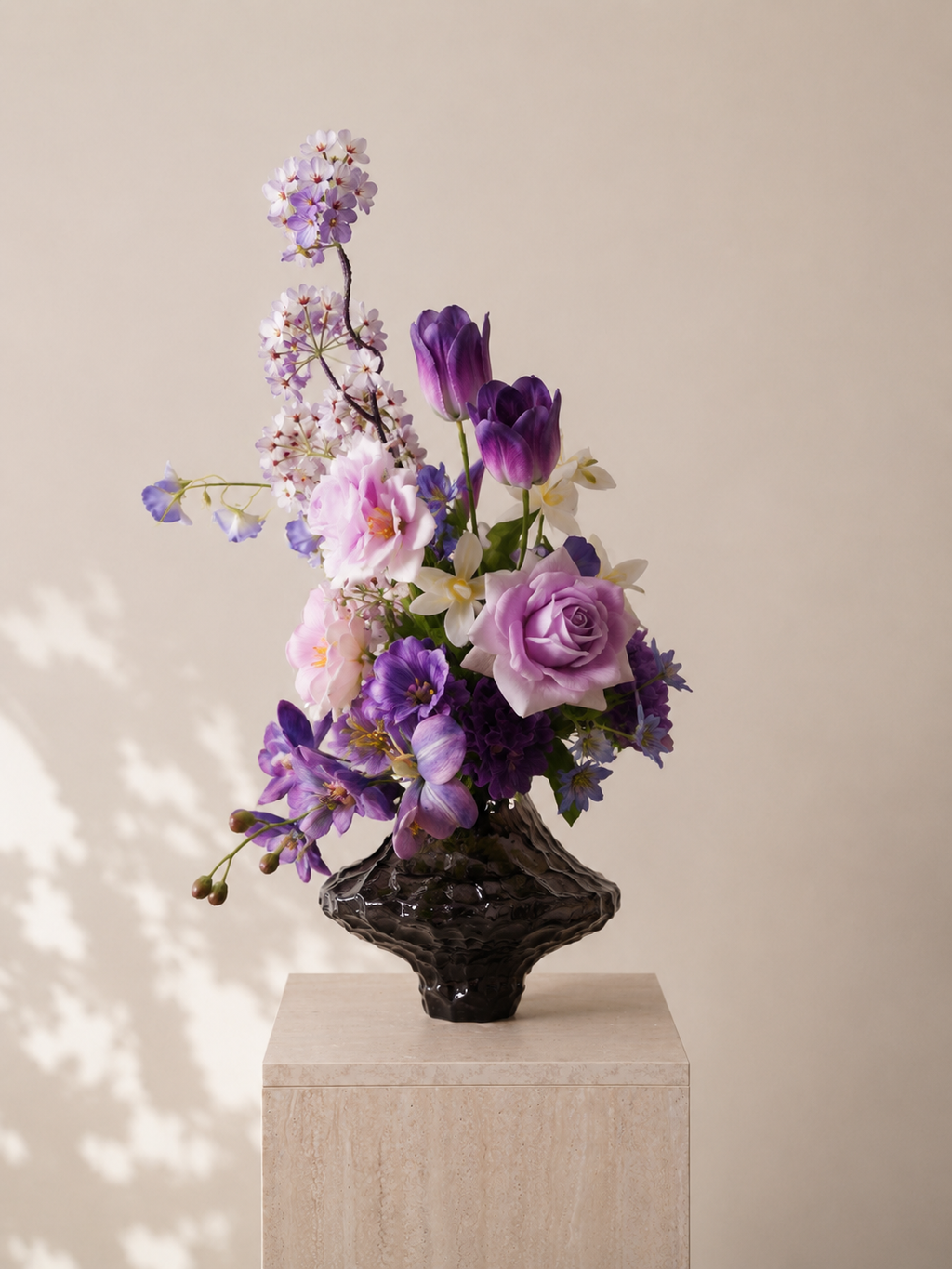 Purple Tulip & Orchid Faux Floral Arrangement in Clear Sculptural Glass Vase