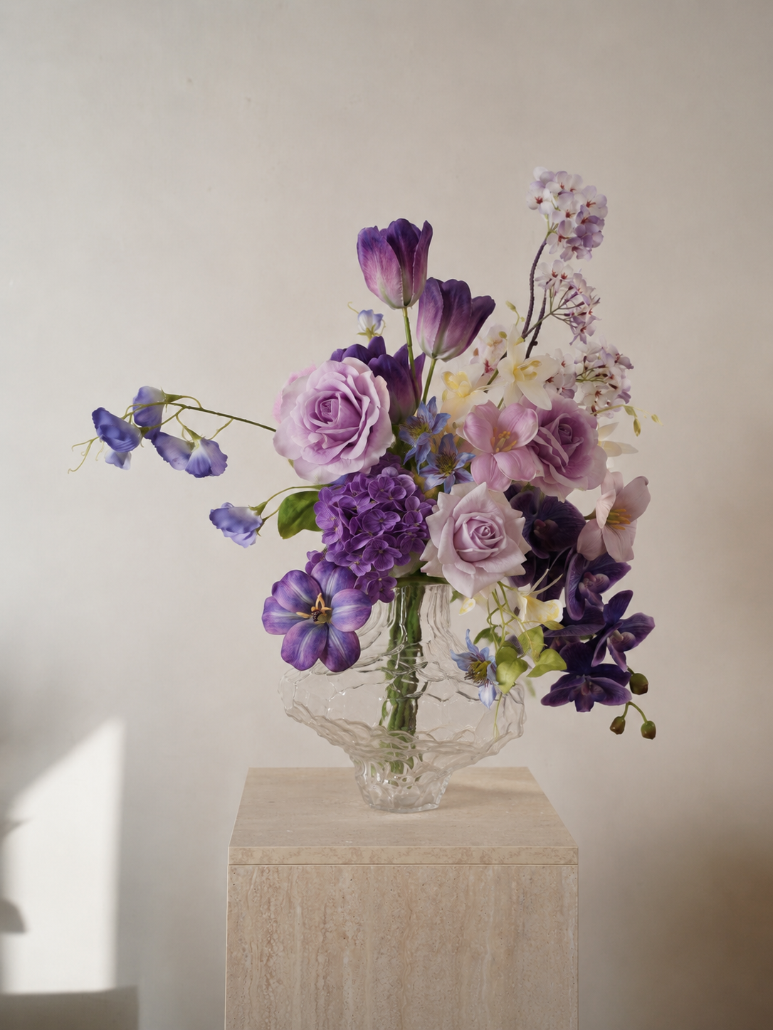Petite Blue & White Faux Floral Arrangement in Rounded Glass Vase