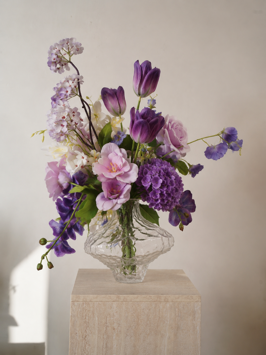 Petite Blue & White Faux Floral Arrangement in Rounded Glass Vase