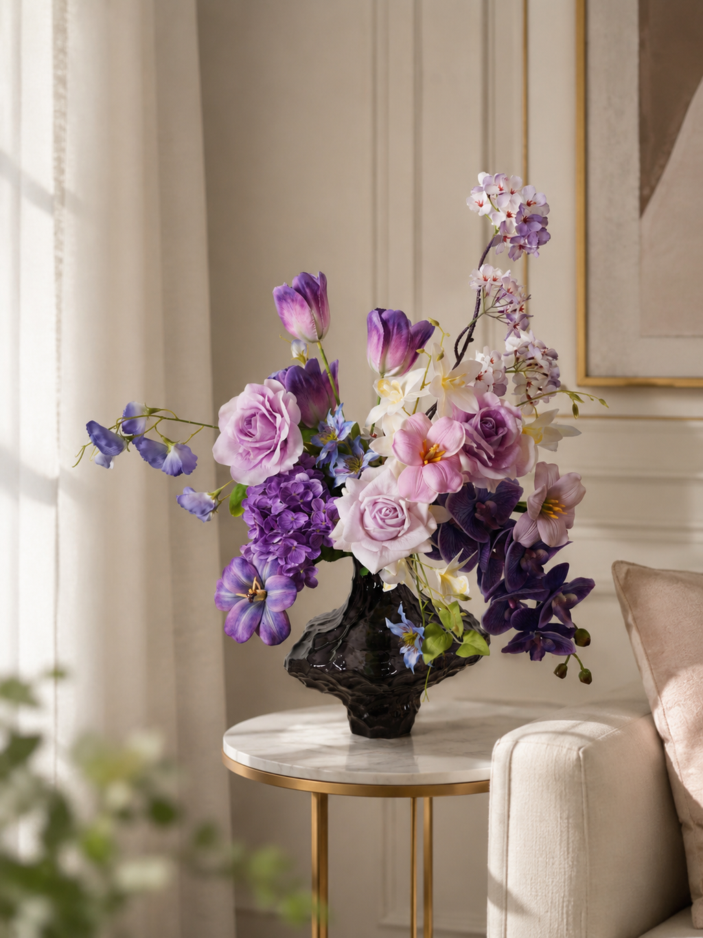 Purple Tulip & Orchid Faux Floral Arrangement in Clear Sculptural Glass Vase