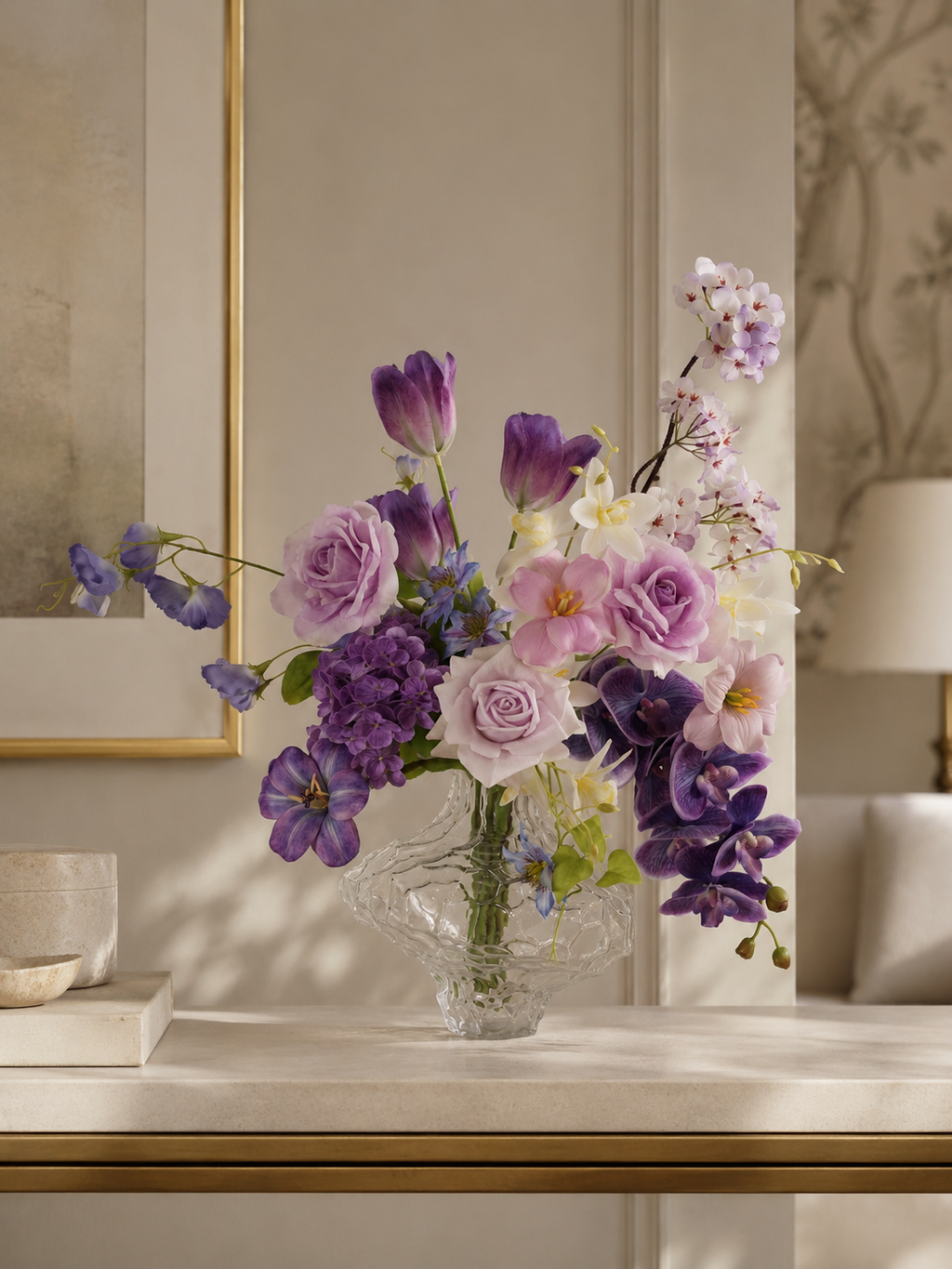 Petite Blue & White Faux Floral Arrangement in Rounded Glass Vase