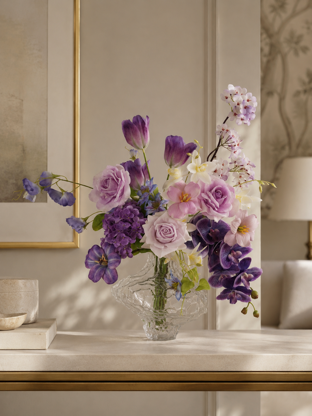 Petite Blue & White Faux Floral Arrangement in Rounded Glass Vase