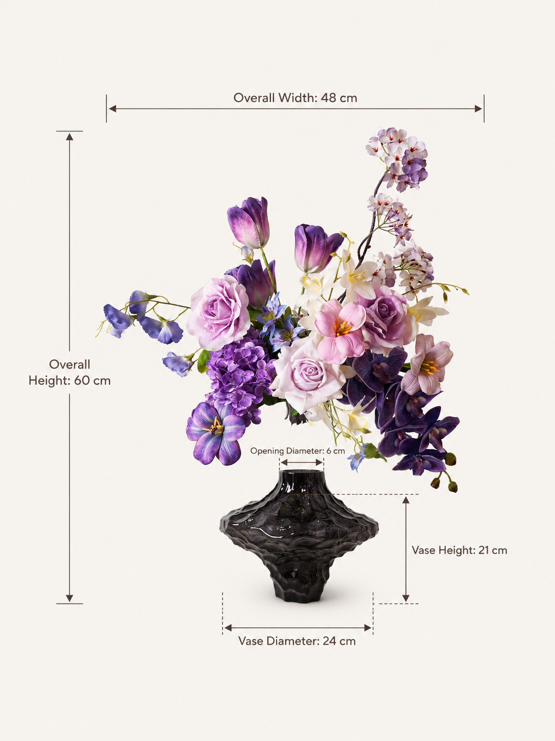Purple Tulip & Orchid Faux Floral Arrangement in Clear Sculptural Glass Vase