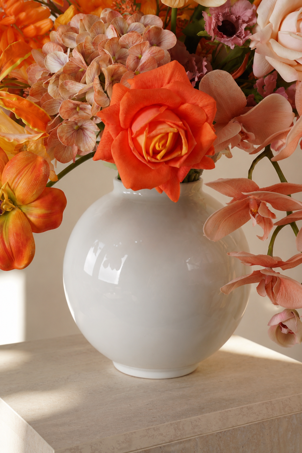 Orange Bird of Paradise Faux Floral Arrangement in White Ceramic Vase