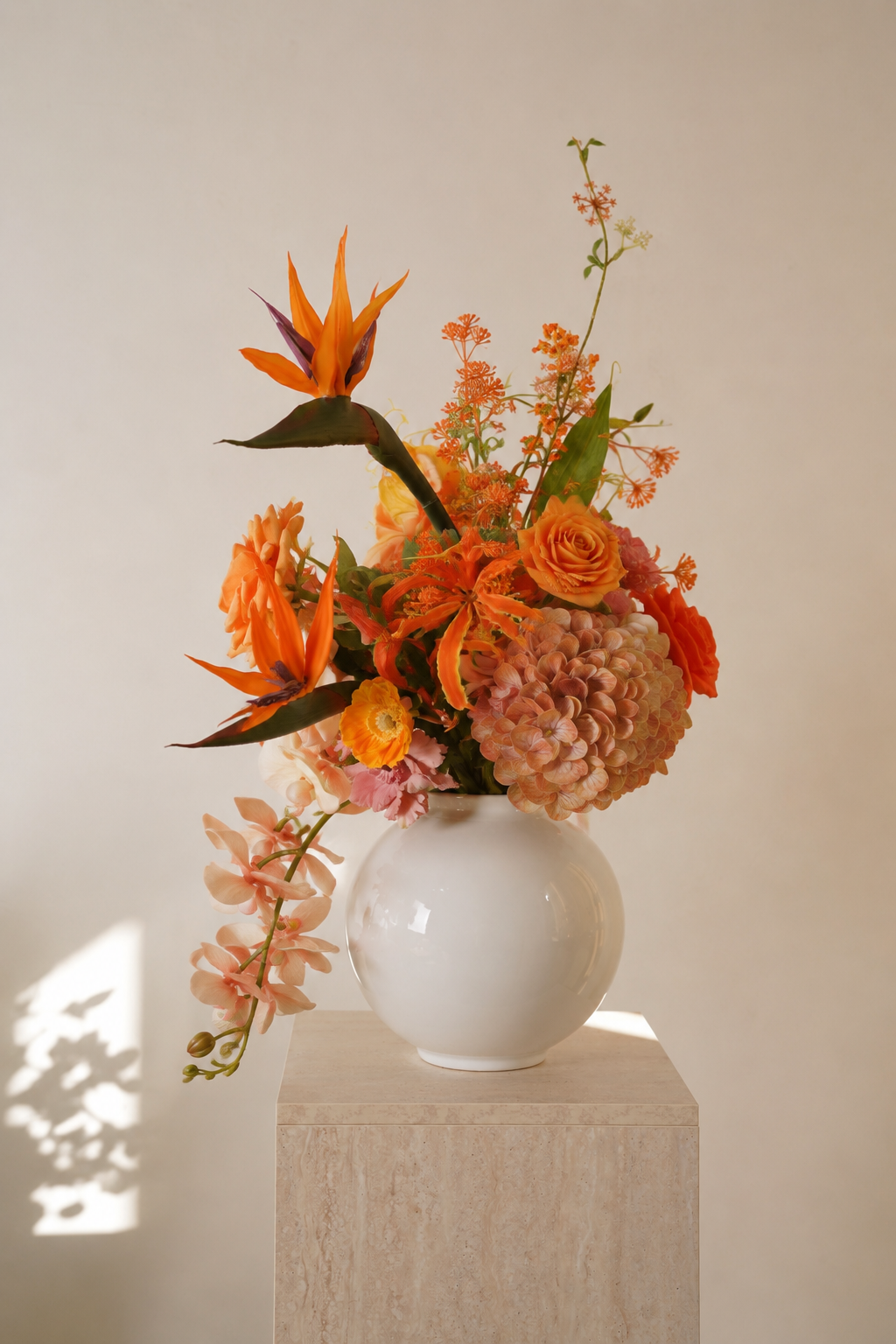 Orange Bird of Paradise Faux Floral Arrangement in White Ceramic Vase