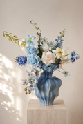 Blue Hydrangea & Rose Faux Floral Arrangement in Sculptural Blue Ceramic Vase