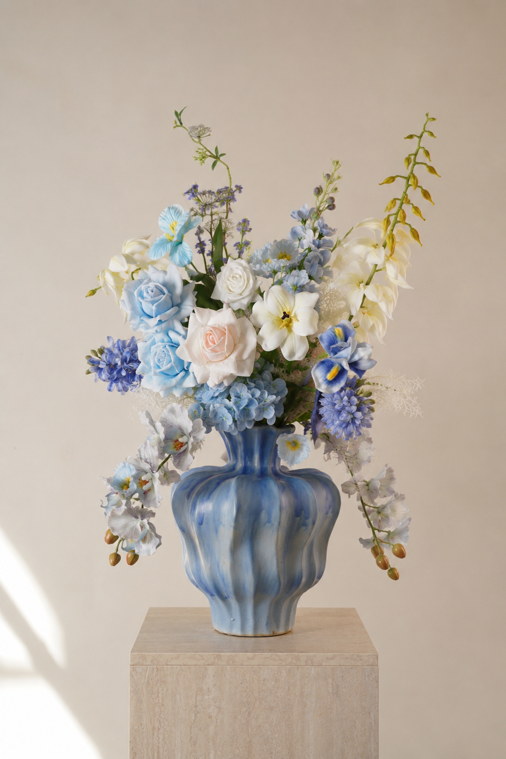 Blue Hydrangea & Rose Faux Floral Arrangement in Sculptural Blue Ceramic Vase