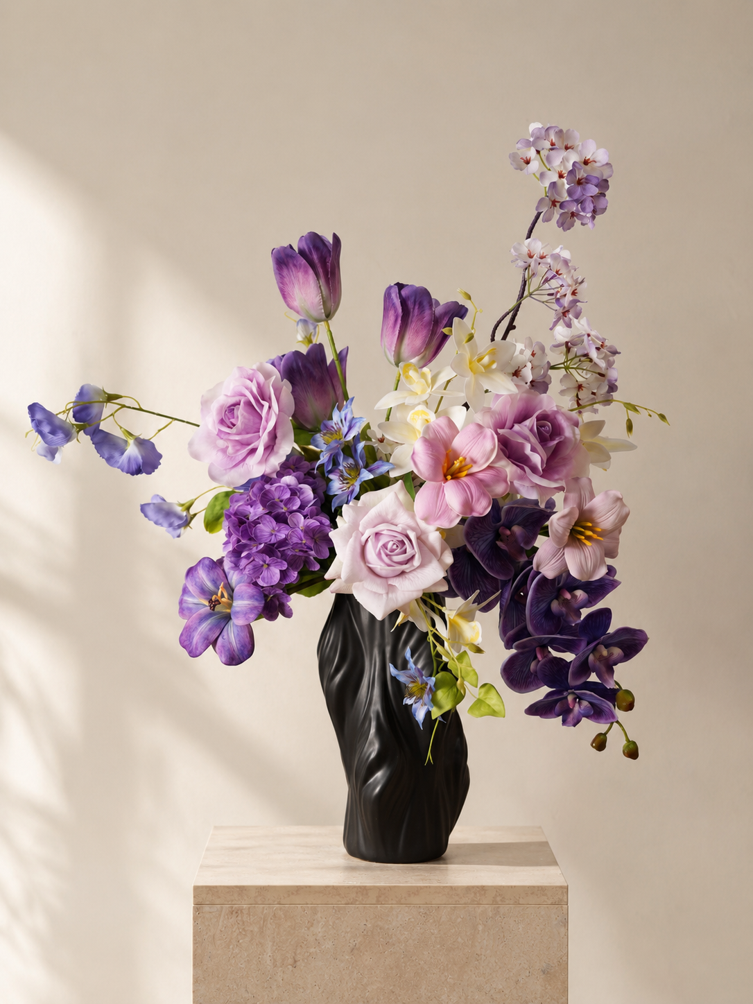 Purple Tulip & Orchid Faux Floral Arrangement in Tall Black Sculptural Vase