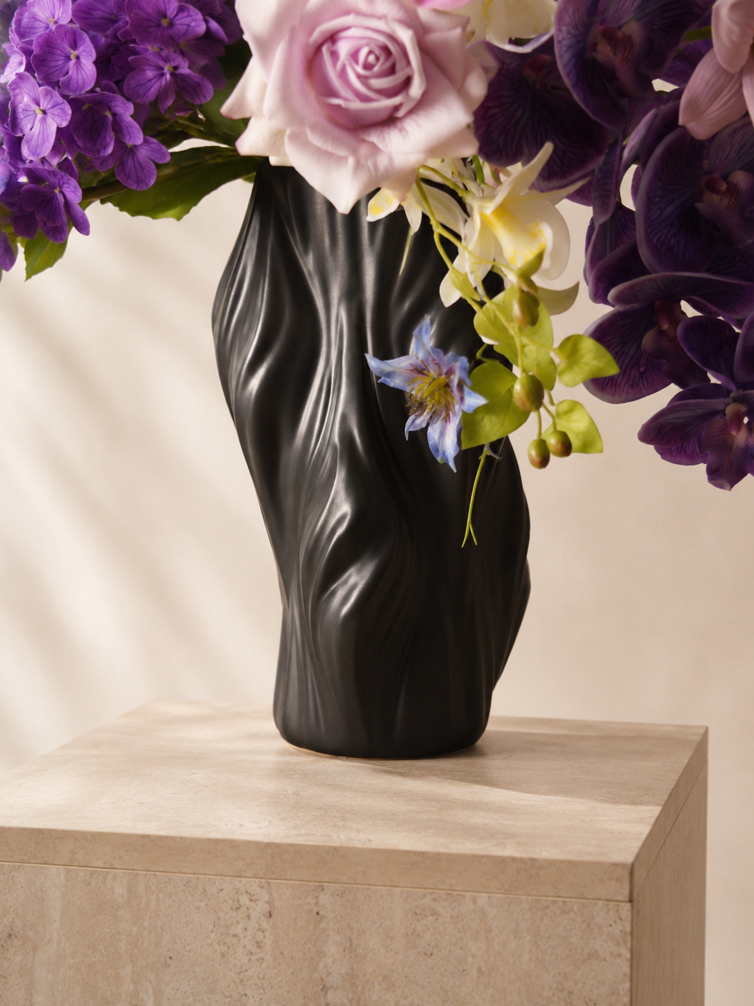 Purple Tulip & Orchid Faux Floral Arrangement in Tall Black Sculptural Vase