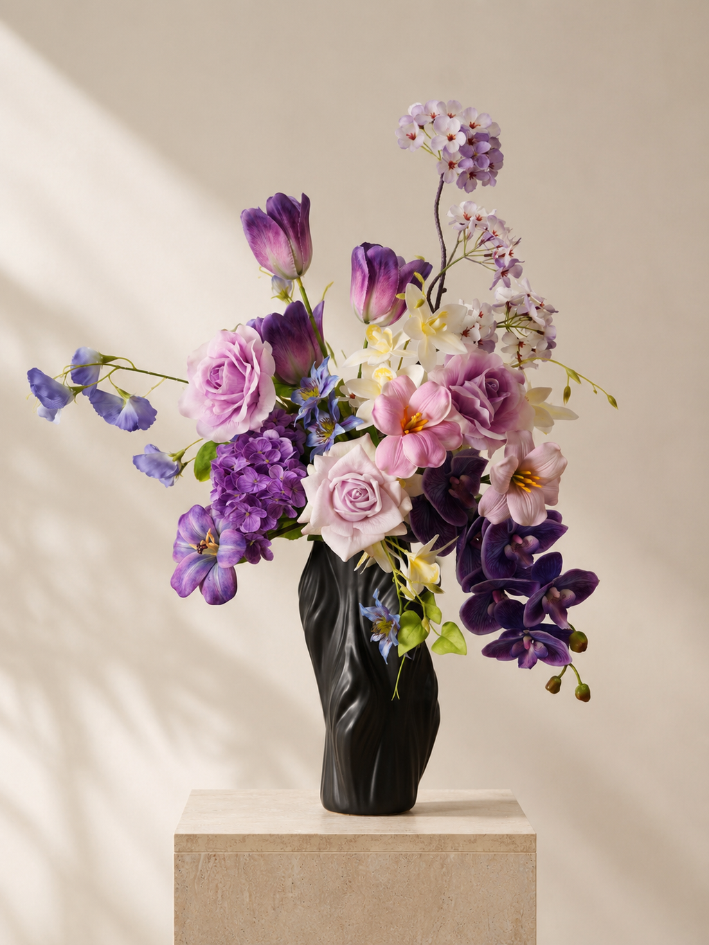 Purple Tulip & Orchid Faux Floral Arrangement in Tall Black Sculptural Vase