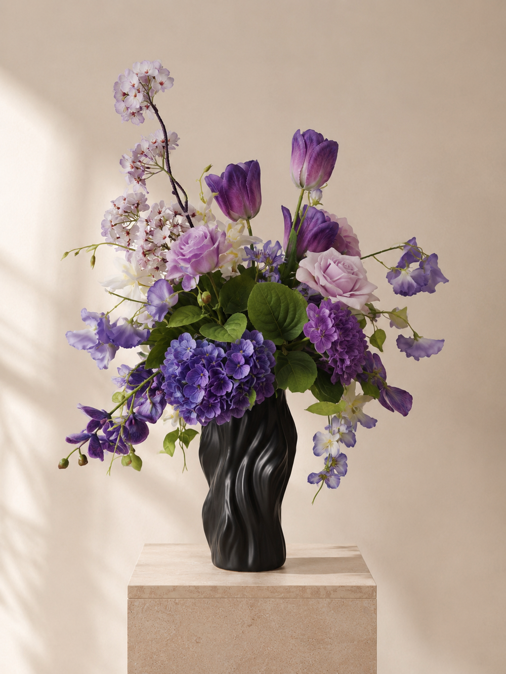Purple Tulip & Orchid Faux Floral Arrangement in Tall Black Sculptural Vase