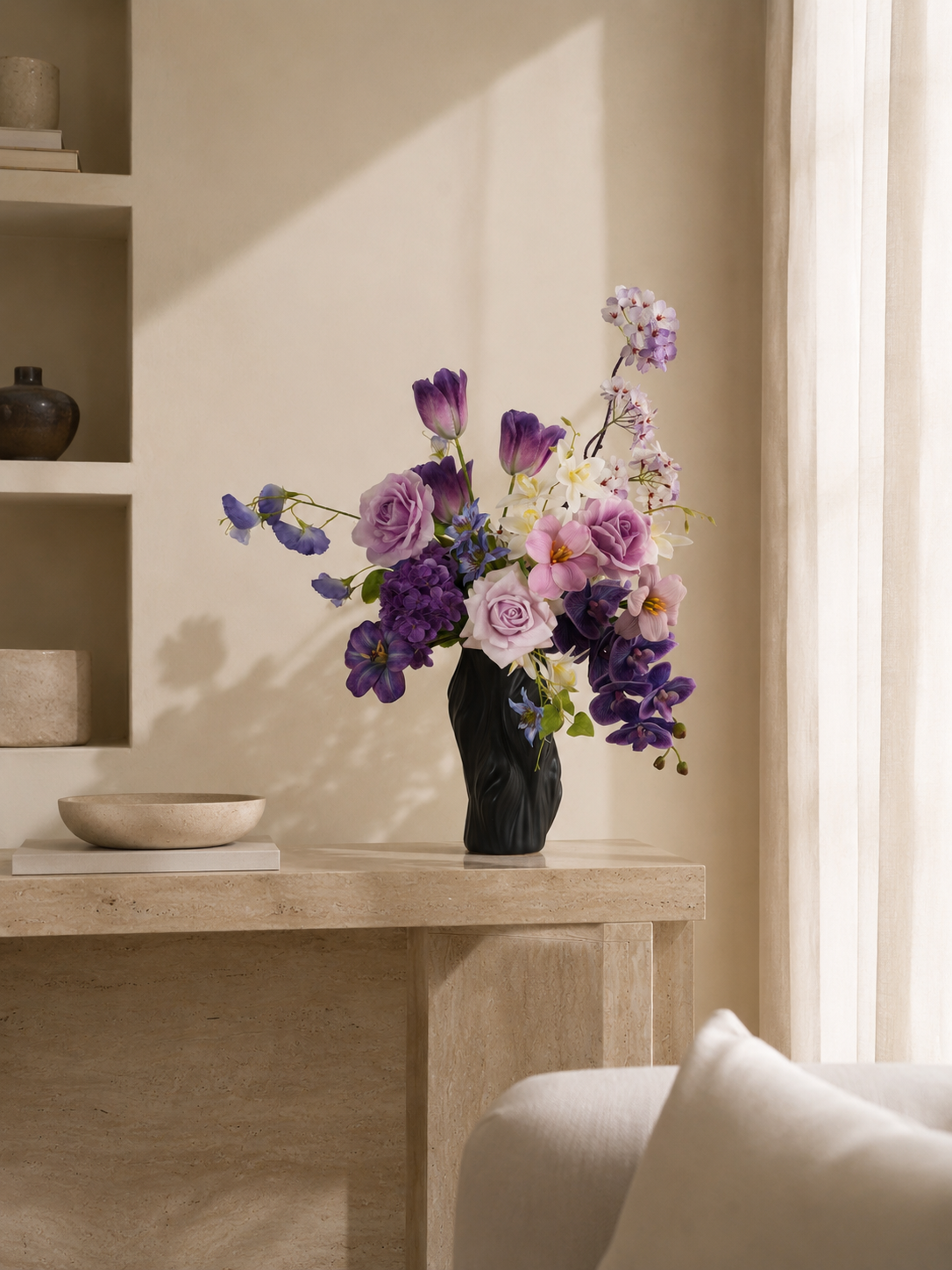 Purple Tulip & Orchid Faux Floral Arrangement in Tall Black Sculptural Vase