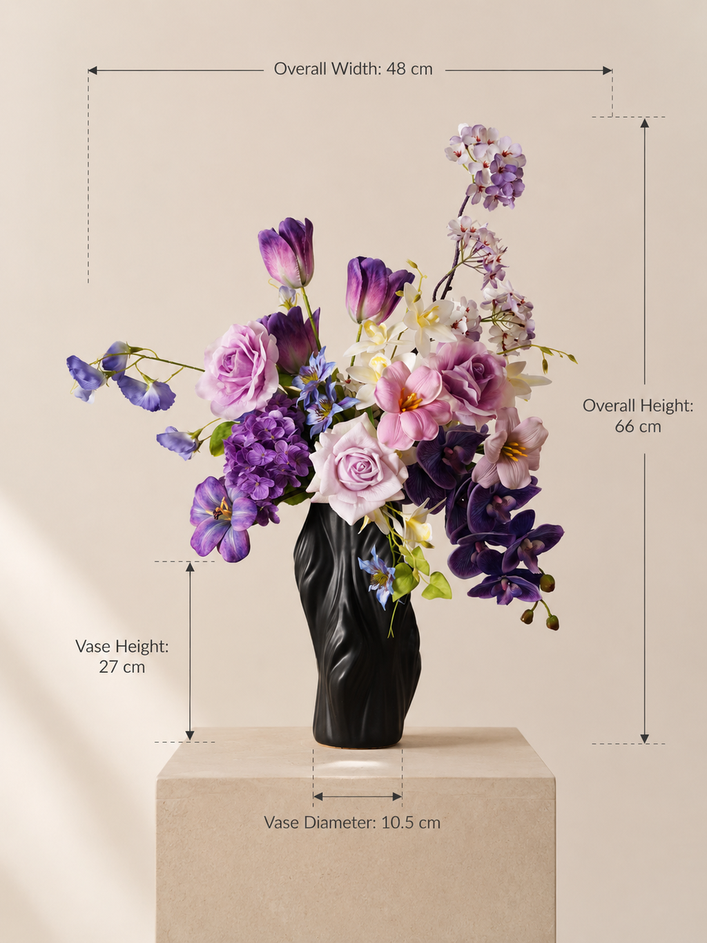 Purple Tulip & Orchid Faux Floral Arrangement in Tall Black Sculptural Vase