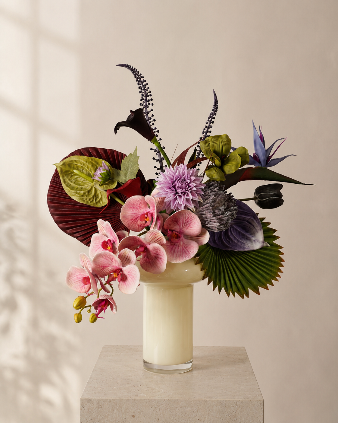 Tropical Pink Orchid Faux Floral Arrangement in Ivory Glass Vase