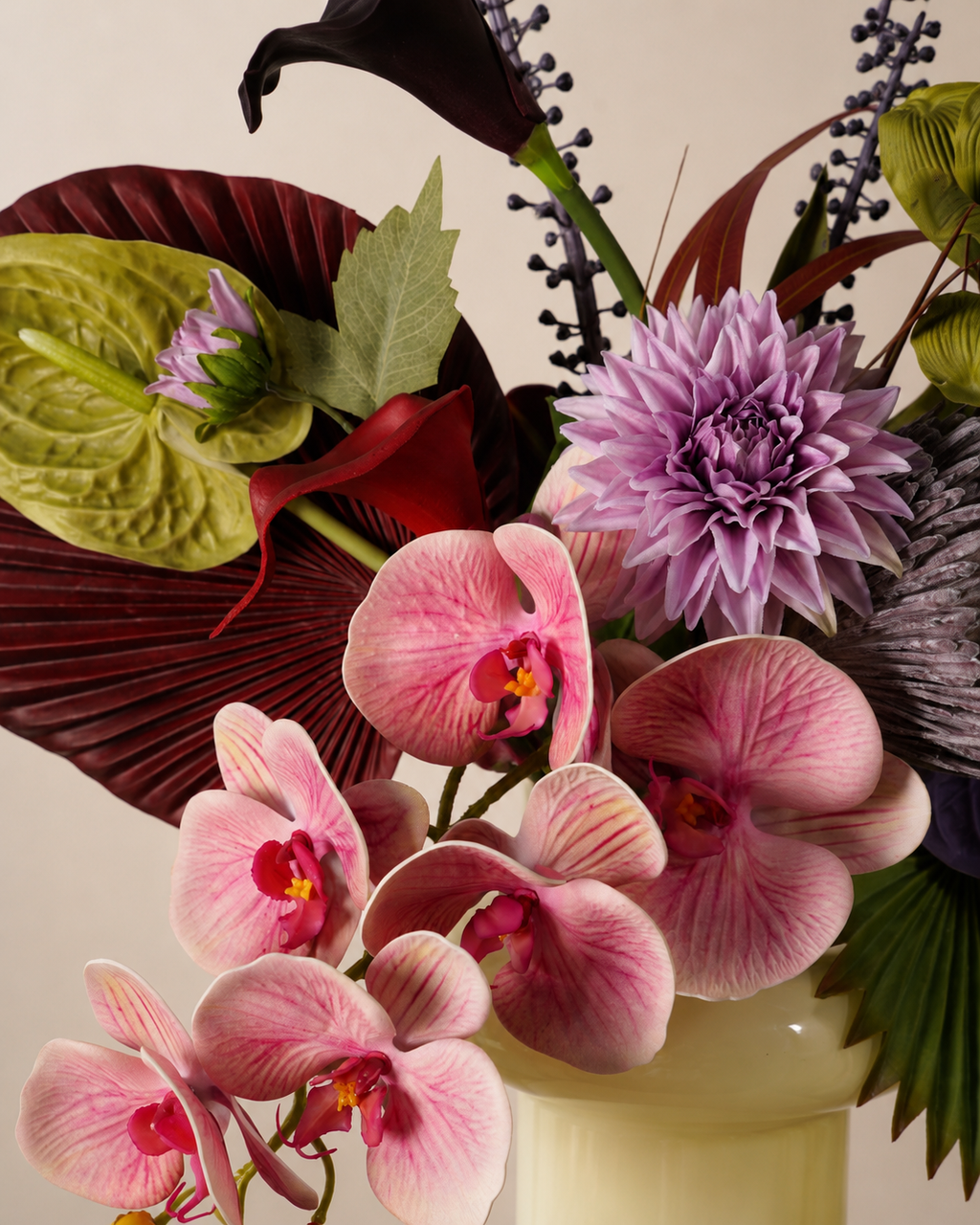 Tropical Pink Orchid Faux Floral Arrangement in Ivory Glass Vase