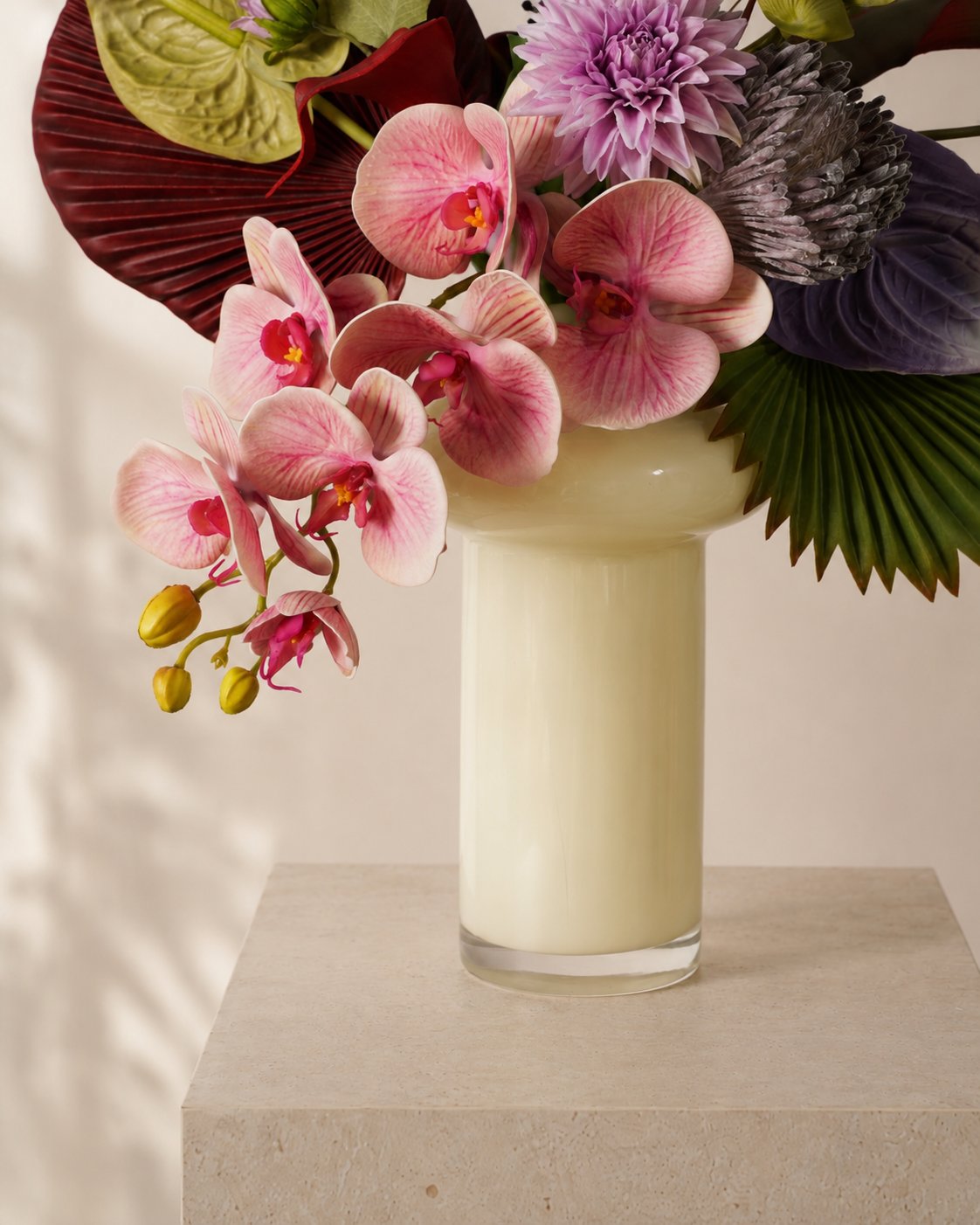 Tropical Pink Orchid Faux Floral Arrangement in Ivory Glass Vase