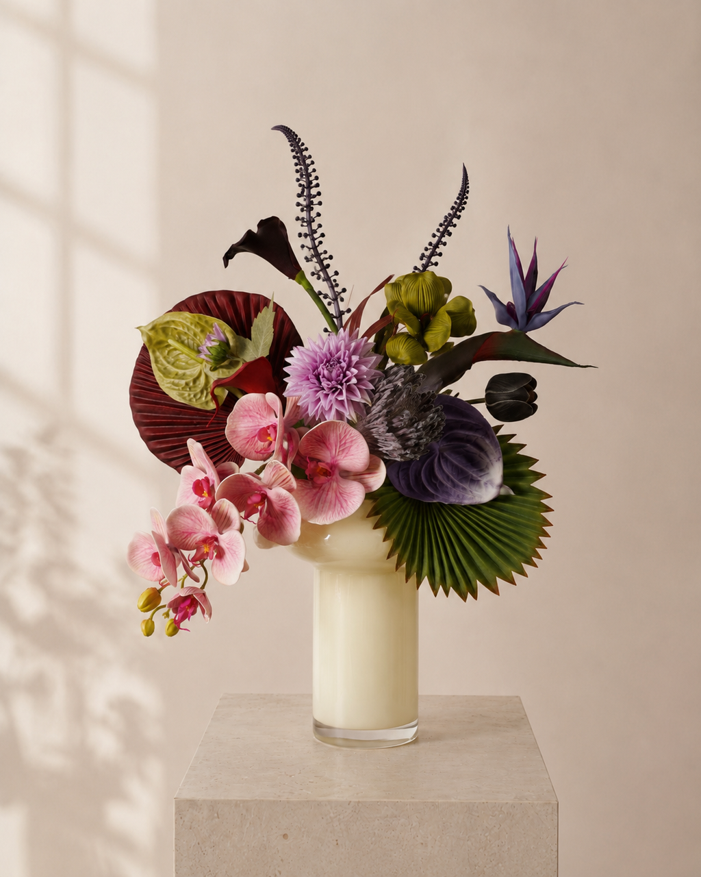 Tropical Pink Orchid Faux Floral Arrangement in Ivory Glass Vase