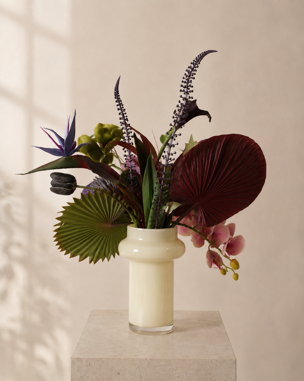 Tropical Pink Orchid Faux Floral Arrangement in Ivory Glass Vase