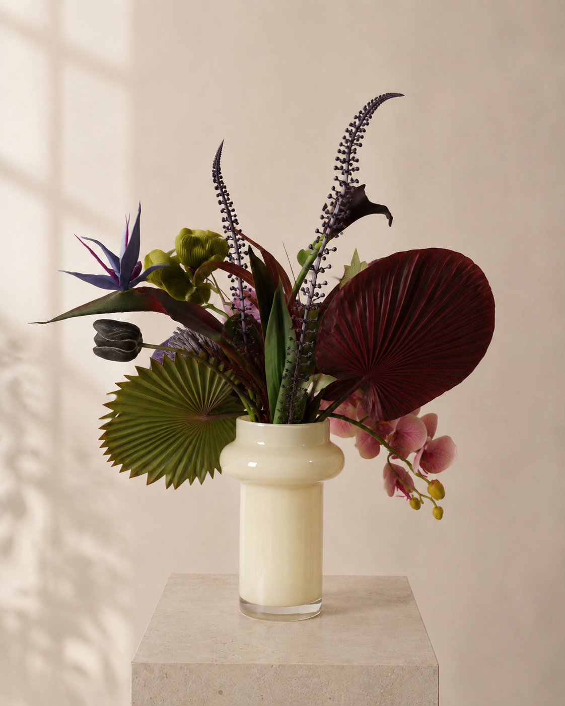 Tropical Pink Orchid Faux Floral Arrangement in Ivory Glass Vase