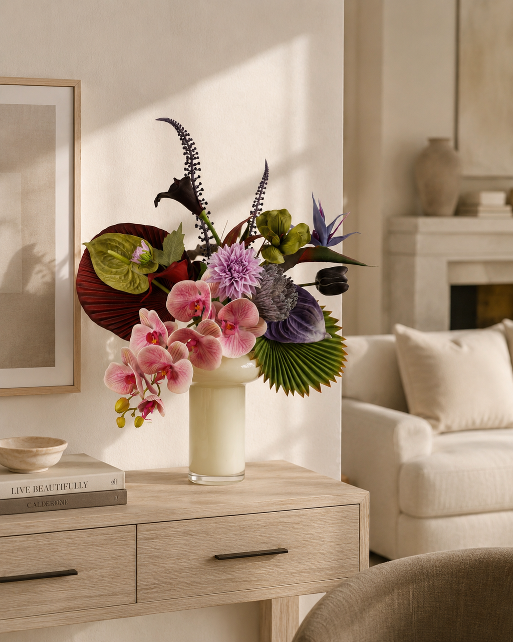 Tropical Pink Orchid Faux Floral Arrangement in Ivory Glass Vase