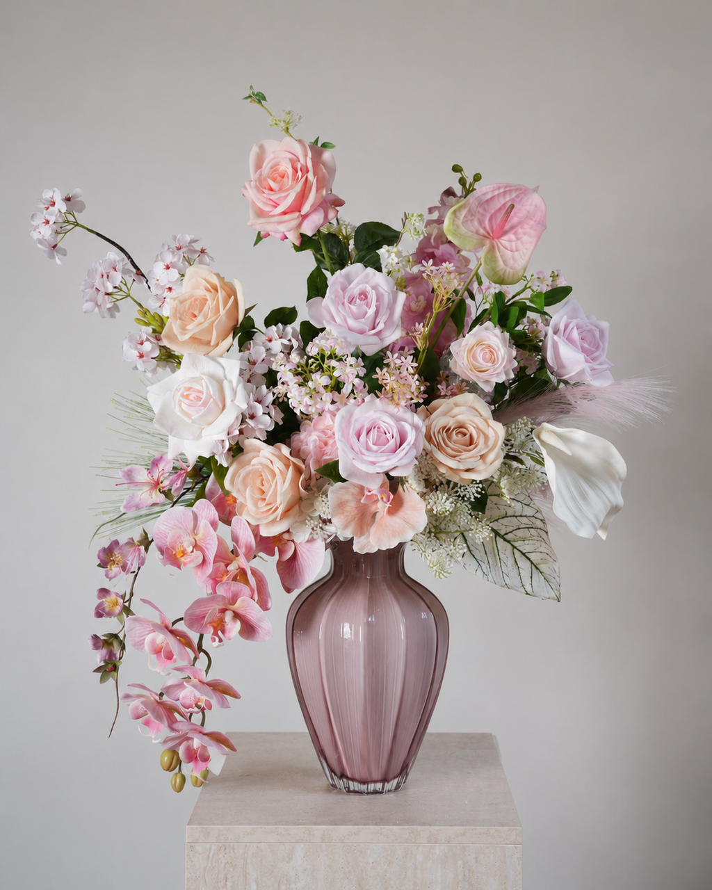 Pink Rose & Orchid Faux Floral Arrangement in Pink Glass Vase
