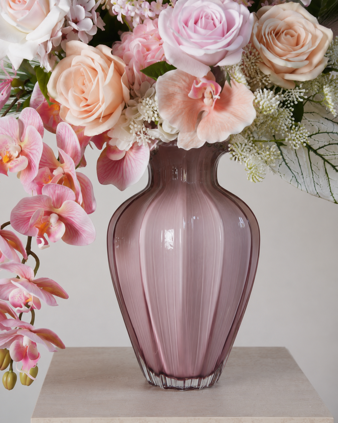 Pink Rose & Orchid Faux Floral Arrangement in Pink Glass Vase