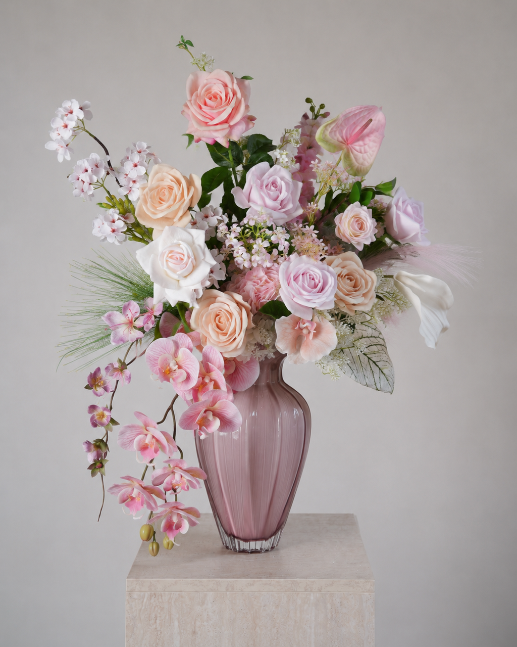 Pink Rose & Orchid Faux Floral Arrangement in Pink Glass Vase